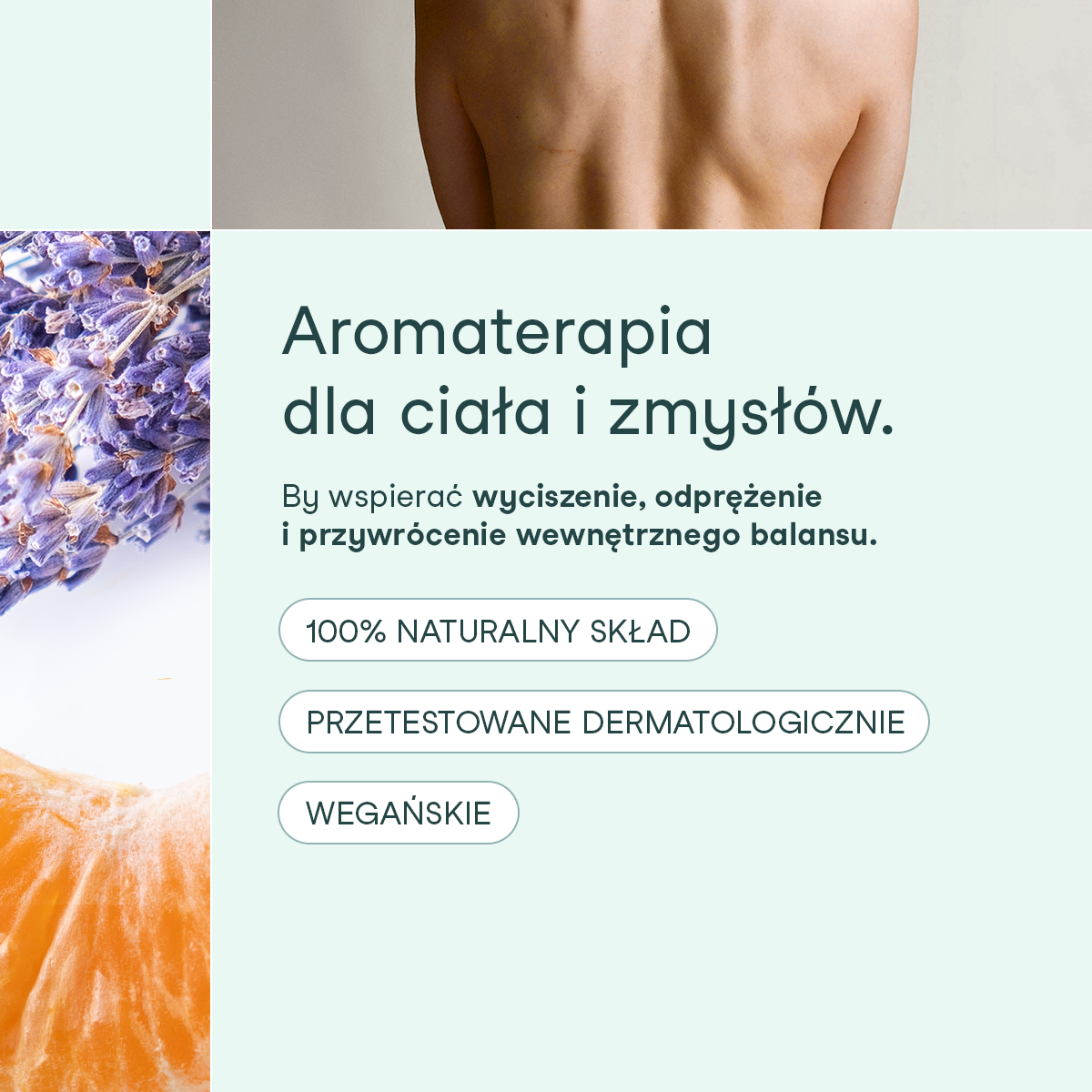 Grafika informacyjna o aromaterapii dla ciała i zmysłów z hasłem o wyciszeniu i równowadze, z widocznymi składnikami roślinnymi oraz oznaczeniami naturalny skład, wegańskie i testowane dermatologicznie.
