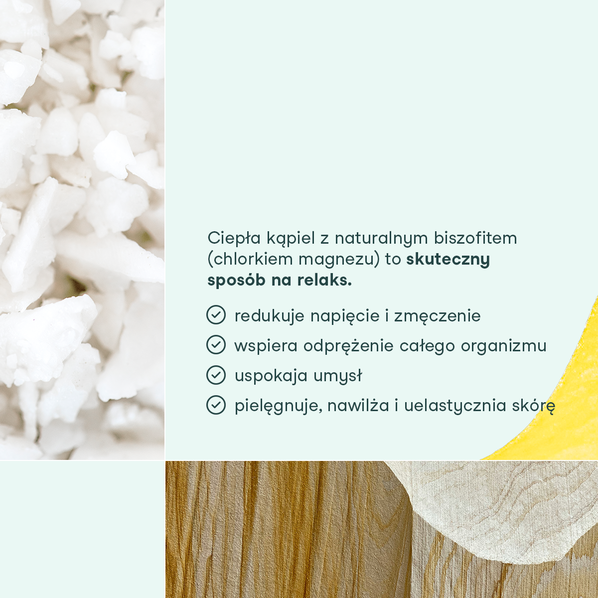 Grafika informacyjna opisująca działanie kąpieli z płatkami magnezowymi RELAKS od nikalab, z tekstem o redukcji napięcia, relaksie i pielęgnacji skóry oraz zdjęciem kryształków soli magnezowej.