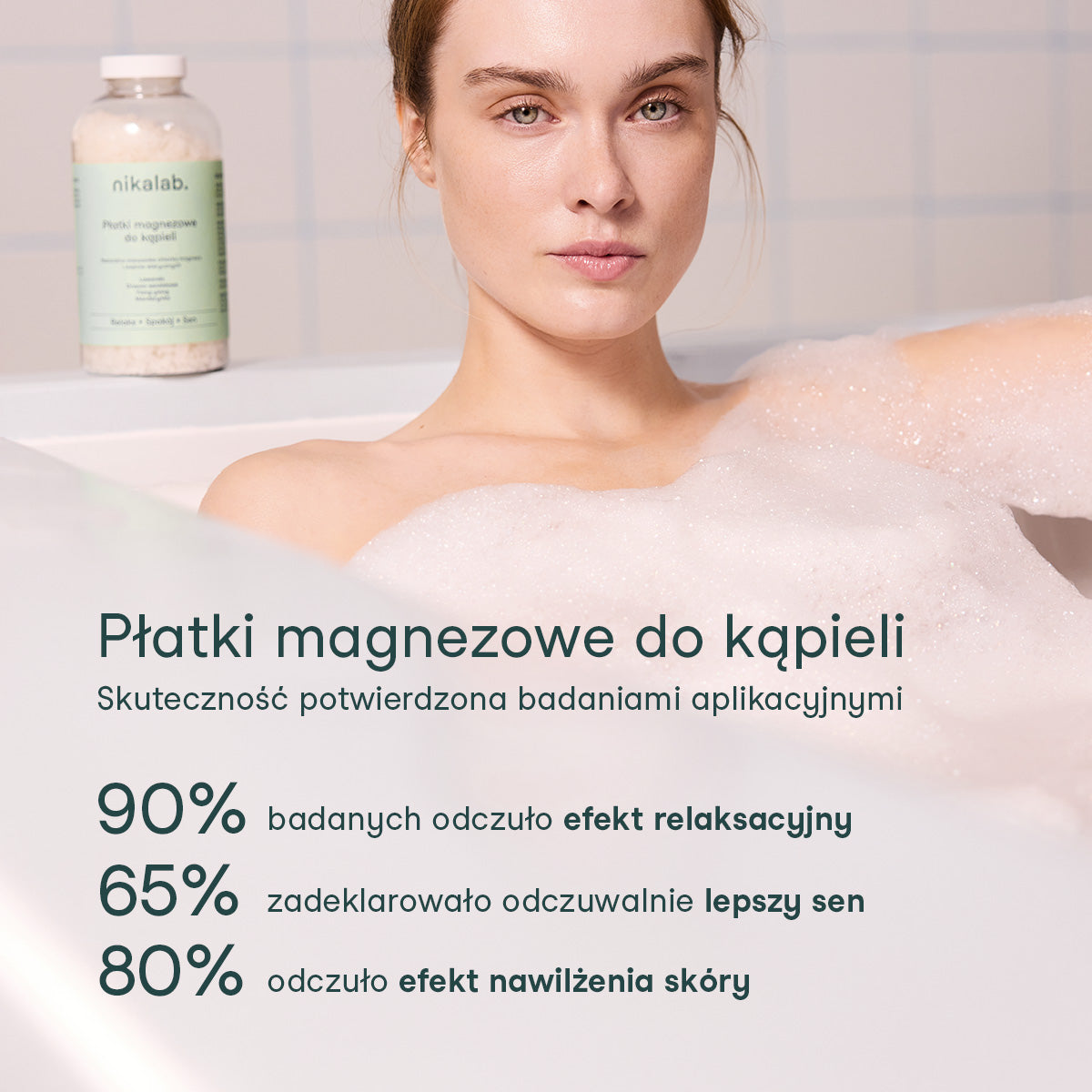 Kobieta relaksująca się w wannie z pianą, w tle widoczne opakowanie płatków magnezowych do kąpieli RELAKS od nikalab oraz grafika z informacją o efektach relaksu, snu i nawilżenia skóry.