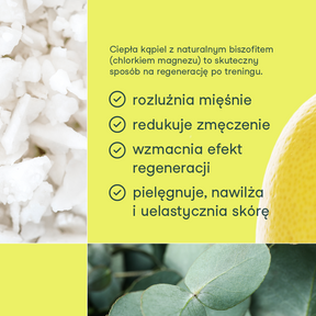 Grafika informacyjna opisująca działanie kąpieli z płatkami magnezowymi SPORT od nikalab, z tekstem o regeneracji po treningu oraz zdjęciami kryształków soli magnezowej, cytryny i liści eukaliptusa.