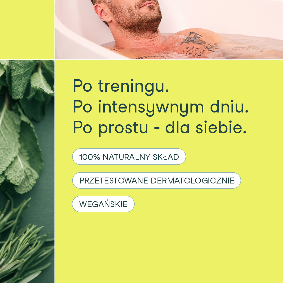 Mężczyzna relaksujący się w wannie po treningu oraz grafika z hasłem po treningu, po intensywnym dniu, dla siebie i informacjami o naturalnym, wegańskim składzie płatków magnezowych SPORT od nikalab.
