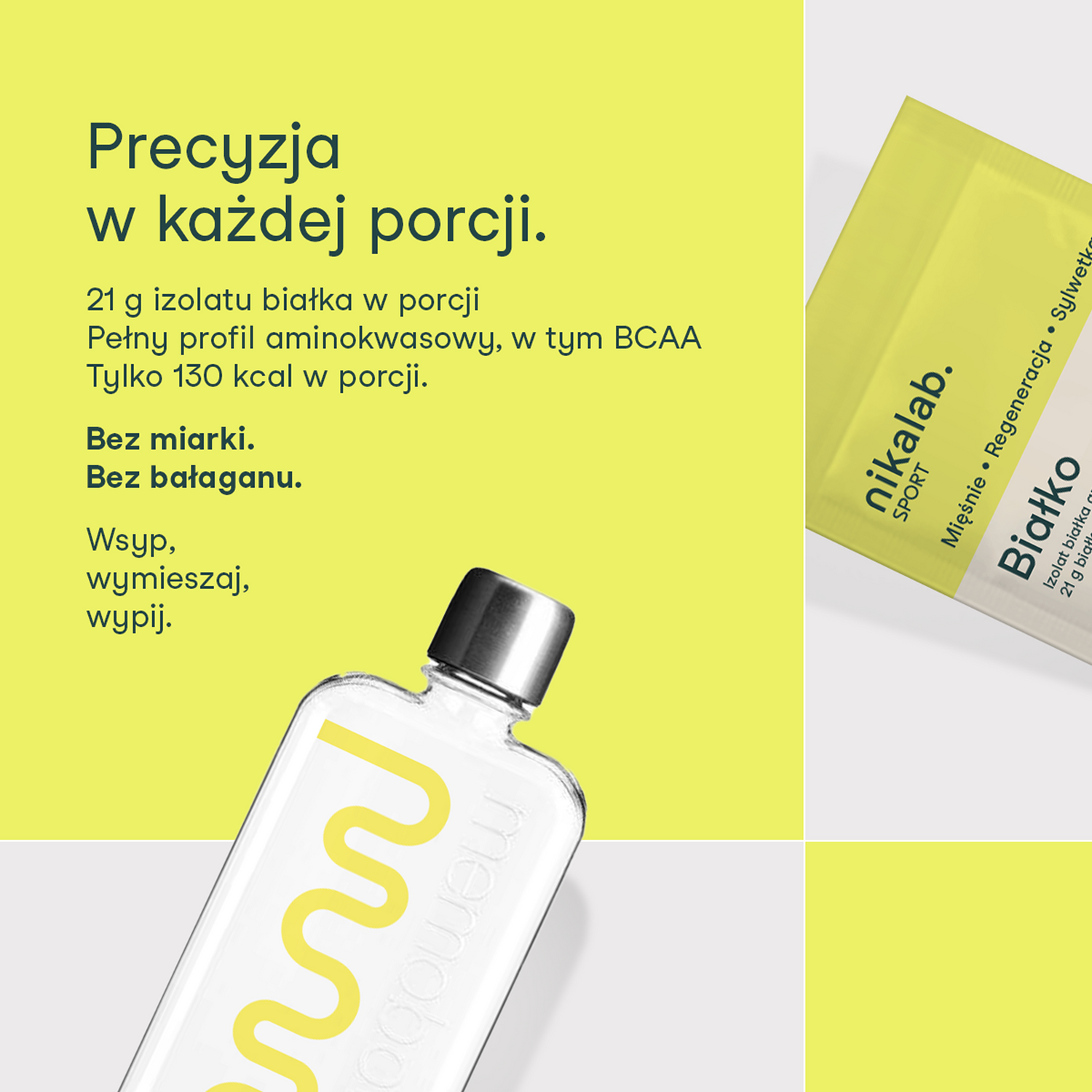 Grafika promująca porcjowane wegańskie białko nikalab sport z informacją o wartości odżywczej i łatwym przygotowaniu.