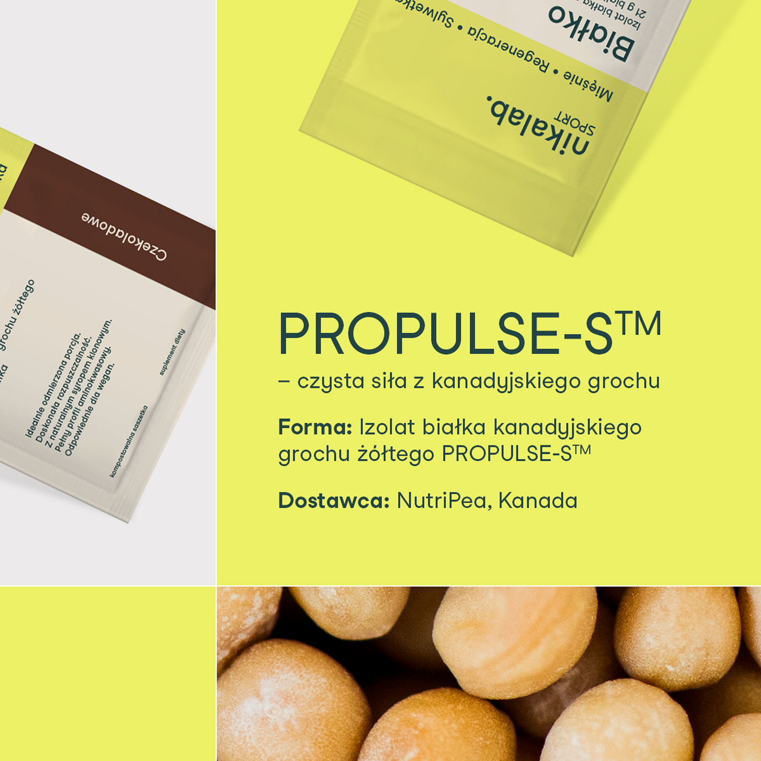 Grafika informacyjna przedstawiająca izolat białka grochu kanadyjskiego PROPULSE-S nikalab z opisem formy i dostawcy.