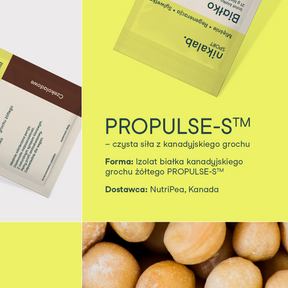 Grafika informacyjna przedstawiająca izolat białka grochu kanadyjskiego PROPULSE-S nikalab z opisem formy i dostawcy.