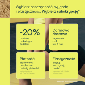 Grafika informująca o subskrypcji nikalab z rabatem, darmową dostawą oraz elastycznymi warunkami zakupu.