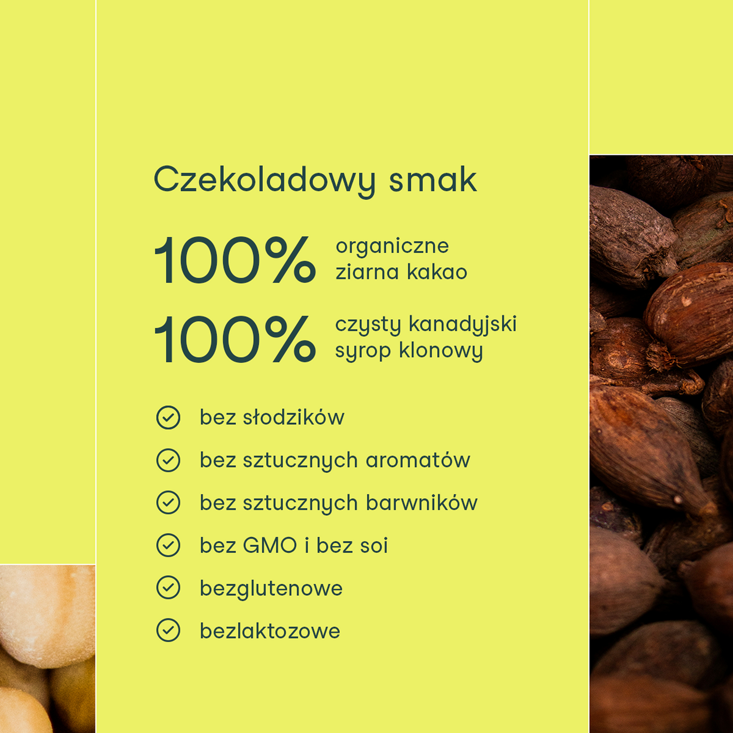 Grafika informacyjna o czekoladowym wegańskim białku nikalab z listą naturalnych składników i cech produktu.
