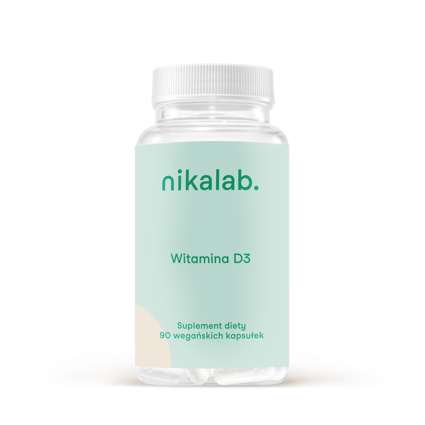 Suplement diety nikalab – Witamina D3 z alg – 90 wegańskich kapsułek w biodegradowalnym słoiczku z jasną etykietą.