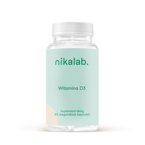 Suplement diety nikalab – Witamina D3 z alg – 90 wegańskich kapsułek w biodegradowalnym słoiczku z jasną etykietą.