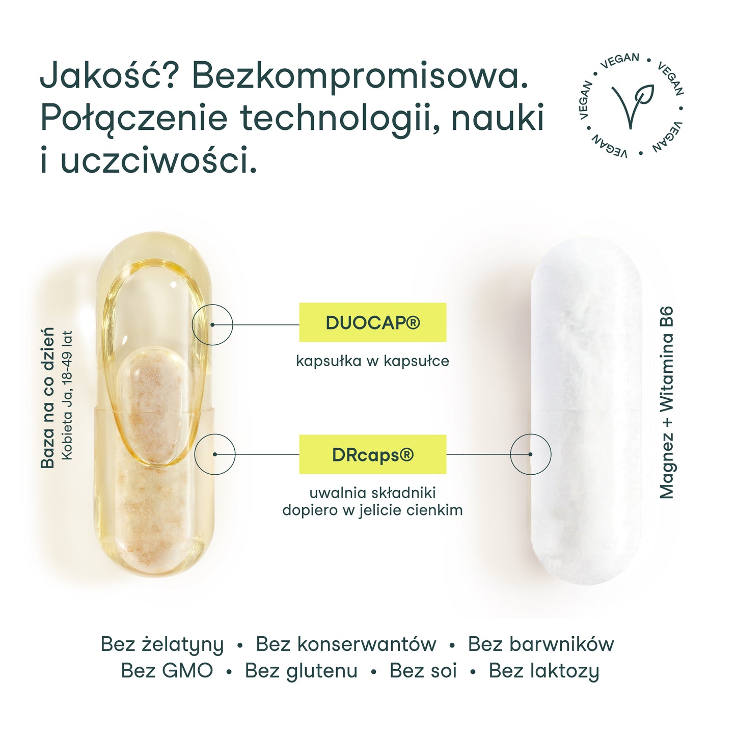 Innowacyjna kapsułka DUOCAP i DRcaps w Bazie na co dzień Kobieta Ja, 18-49 lat – optymalne uwalnianie składników aktywnych. Innowacyjna kapsułka DRcaps Magnez + Witamina B6 – uwalnia składniki dopiero w jelicie cienkim.