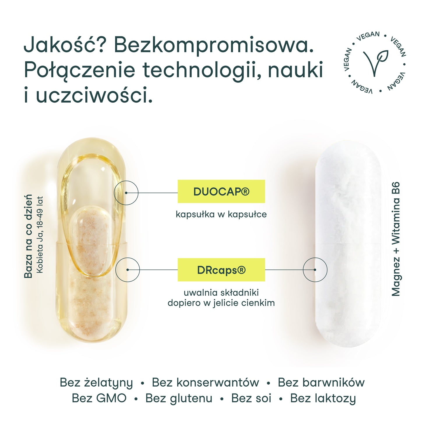 Innowacyjna kapsułka DUOCAP i DRcaps w Bazie na co dzień Kobieta Ja, 18-49 lat – optymalne uwalnianie składników aktywnych. Innowacyjna kapsułka DRcaps Magnez + Witamina B6 – uwalnia składniki dopiero w jelicie cienkim.