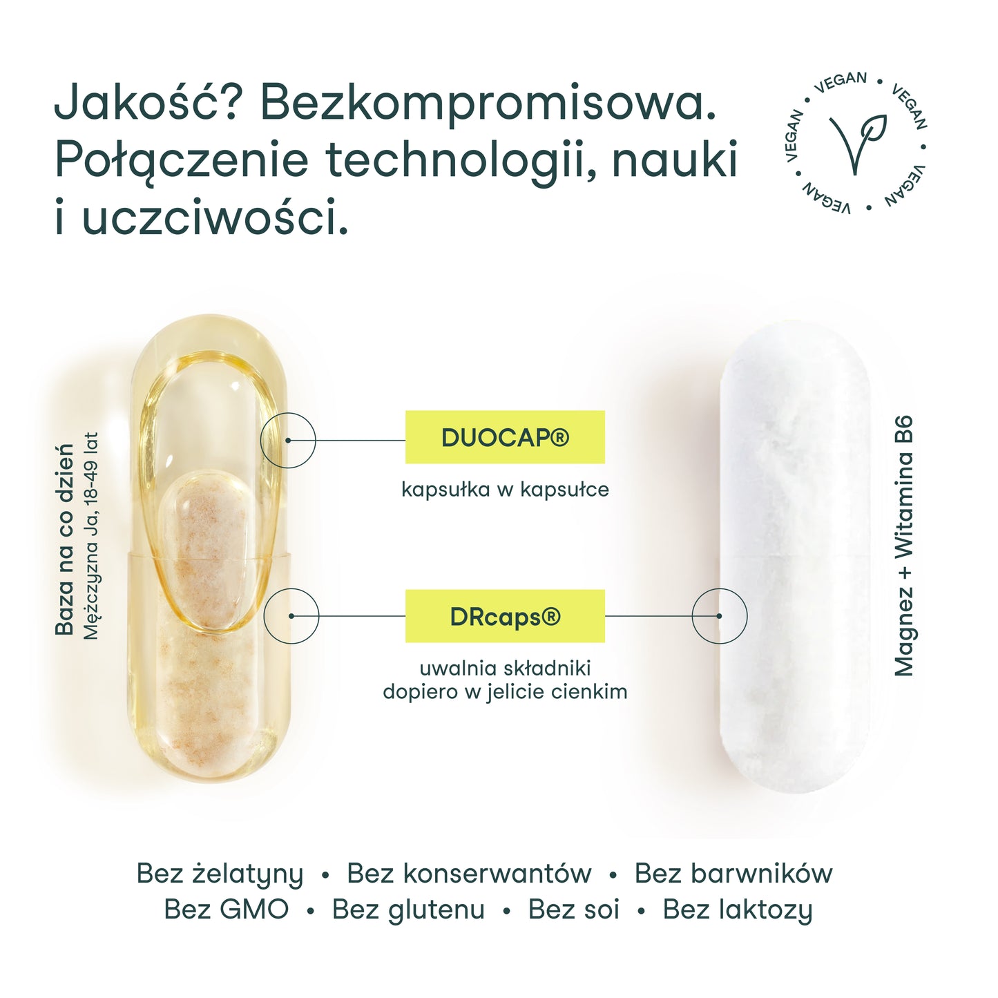 Innowacyjna kapsułka DUOCAP i DRcaps w Bazie na co dzień Mężczyzna Ja, 18-49 lat – optymalne uwalnianie składników aktywnych. Innowacyjna kapsułka DRcaps Magnez + Witamina B6 – uwalnia składniki dopiero w jelicie cienkim.