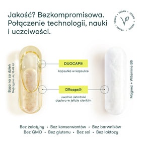 Innowacyjna kapsułka DUOCAP i DRcaps w Bazie na co dzień Mężczyzna Ja, 18-49 lat – optymalne uwalnianie składników aktywnych. Innowacyjna kapsułka DRcaps Magnez + Witamina B6 – uwalnia składniki dopiero w jelicie cienkim.