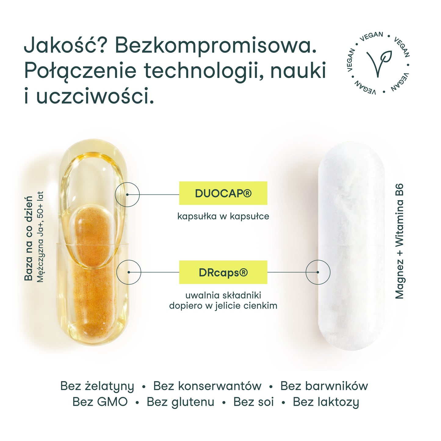 Innowacyjna kapsułka DUOCAP i DRcaps w Bazie na co dzień Mężczyzna Ja+, 50+ lat – optymalne uwalnianie składników aktywnych. Innowacyjna kapsułka DRcaps Magnez + Witamina B6 – uwalnia składniki dopiero w jelicie cienkim.