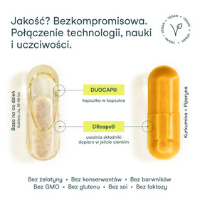 Innowacyjna kapsułka DUOCAP i DRcaps w Bazie na co dzień Kobieta Ja, 18-49 lat – optymalne uwalnianie składników aktywnych. Innowacyjna kapsułka DRcaps Kurkumina + Piperyna – uwalnia składniki dopiero w jelicie cienkim. 