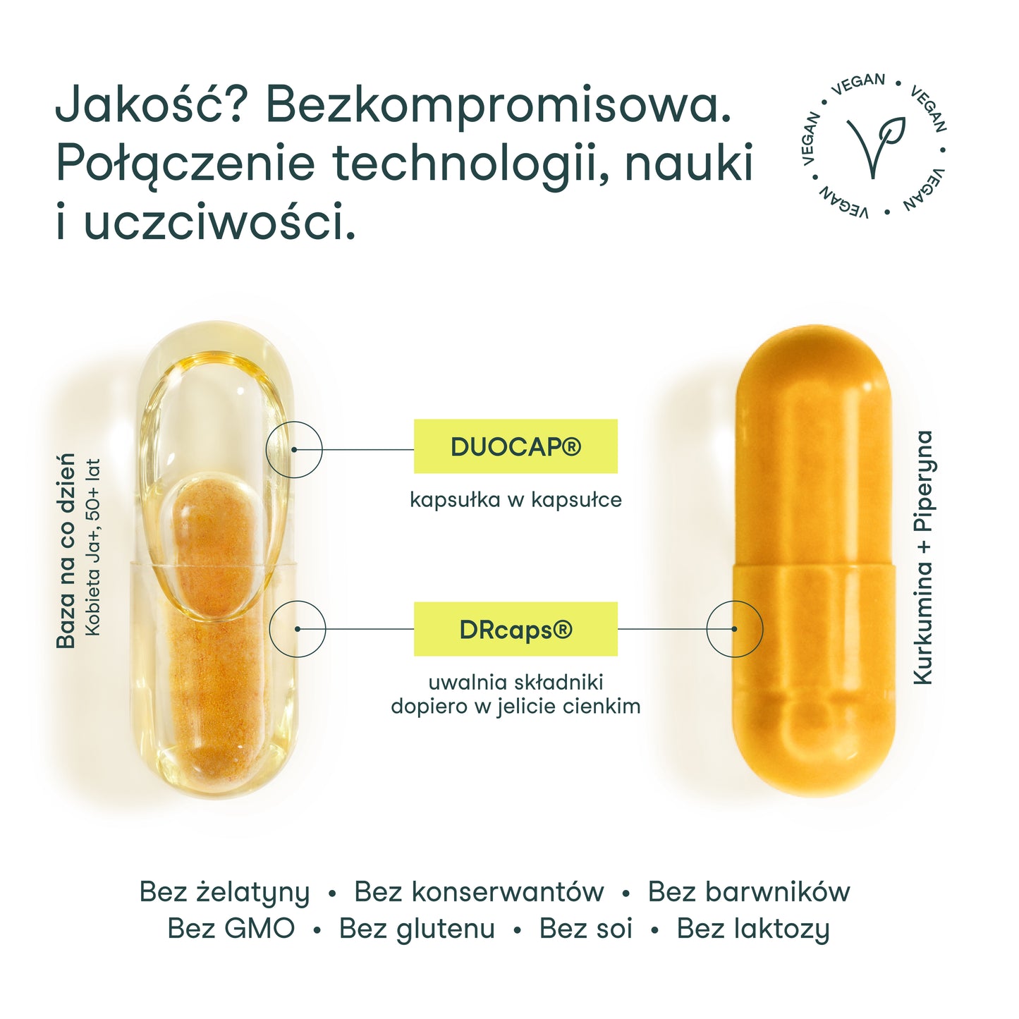 Innowacyjna kapsułka DUOCAP i DRcaps w Bazie na co dzień Kobieta Ja+, 50+ lat – optymalne uwalnianie składników aktywnych. Innowacyjna kapsułka DRcaps Kurkumina + Piperyna – uwalnia składniki dopiero w jelicie cienkim.