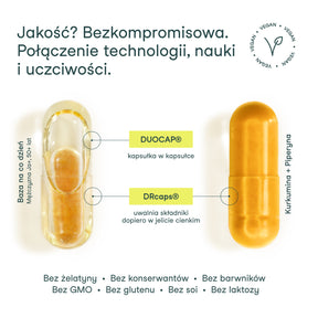 Innowacyjna kapsułka DUOCAP i DRcaps w Bazie na co dzień Mężczyzna Ja+, 50+ lat – optymalne uwalnianie składników aktywnych. Innowacyjna kapsułka DRcaps Kurkumina + Piperyna – uwalnia składniki dopiero w jelicie cienkim. 